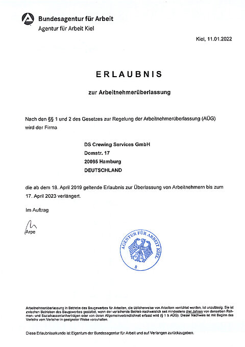 Erlaubnis zur Arbeitnehmerüberlassung DS Crewing